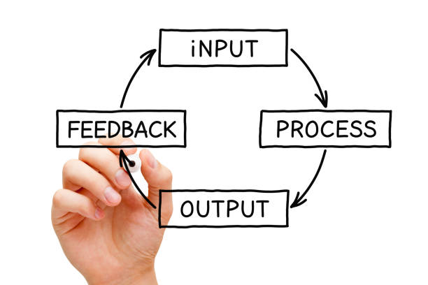 Hand writing Input Process Output Feedback diagram concept with black marker on transparent wipe board.